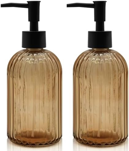 2 Pack 14oz Amber Glass Soap Dispenser with Black Pump – Refillable for Hand Soap, Dish Soap, L... | Amazon (US)