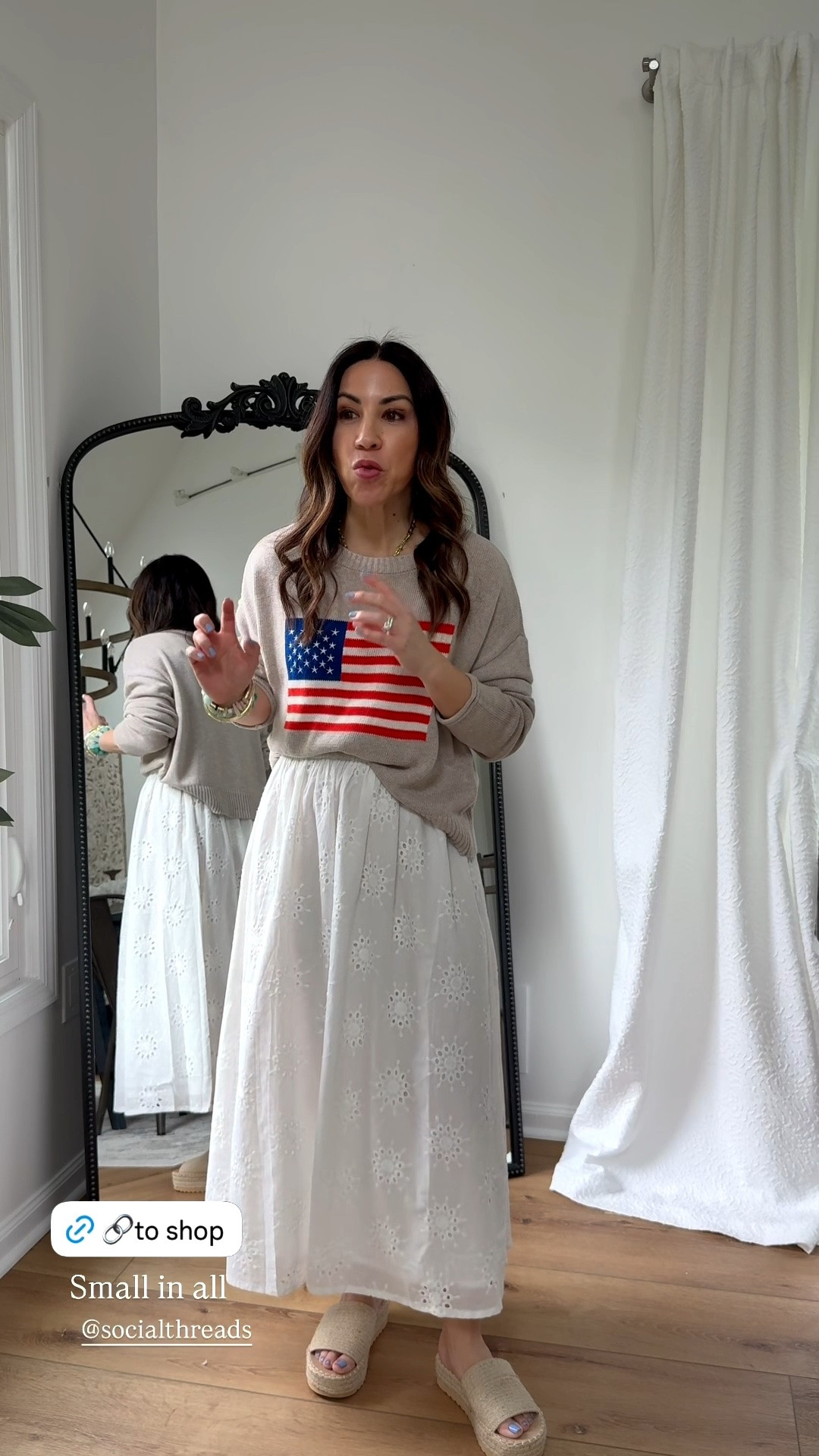 Small flag sweater, small white skirt

#LTKPetite #LTKOver40