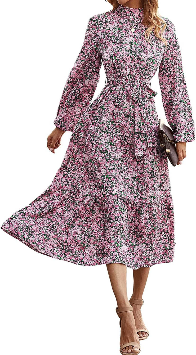 BTFBM Women Long Sleeve Fall Dresses Casual Mock Neck Tie Back Floral Swing A-Line Pleated Vintag... | Amazon (US)