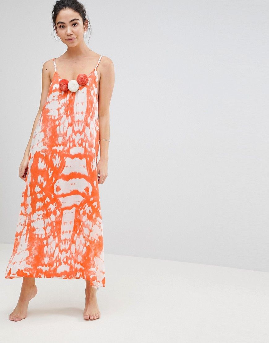 America & Beyond Orange Tie Dye Maxi Beach Dress With Pom Pom Details - Orange | ASOS UK
