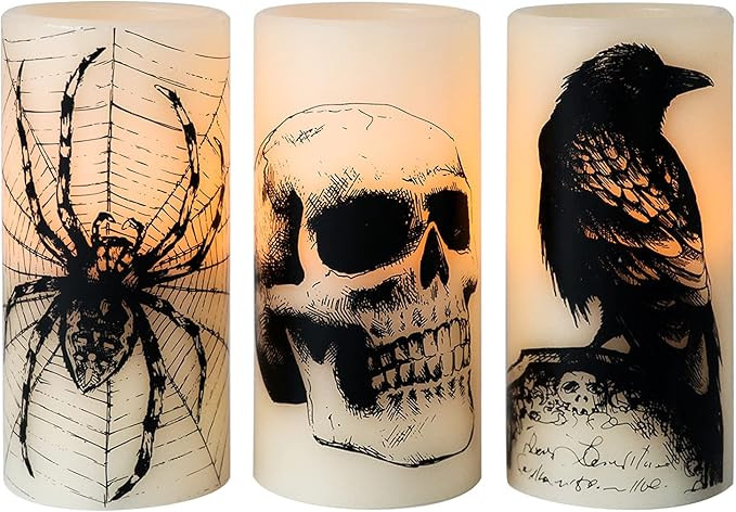 Eldnacele Halloween Flickering Candles with Skull, Spider Web, Crow Raven Decals Set of 3, Batter... | Amazon (US)