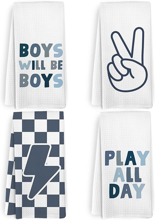 Blue Boys Kids Hand Tea Towel Set of 4 for Bathroom, Blue Checkered Dish Towels, Motivational Aff... | Amazon (US)