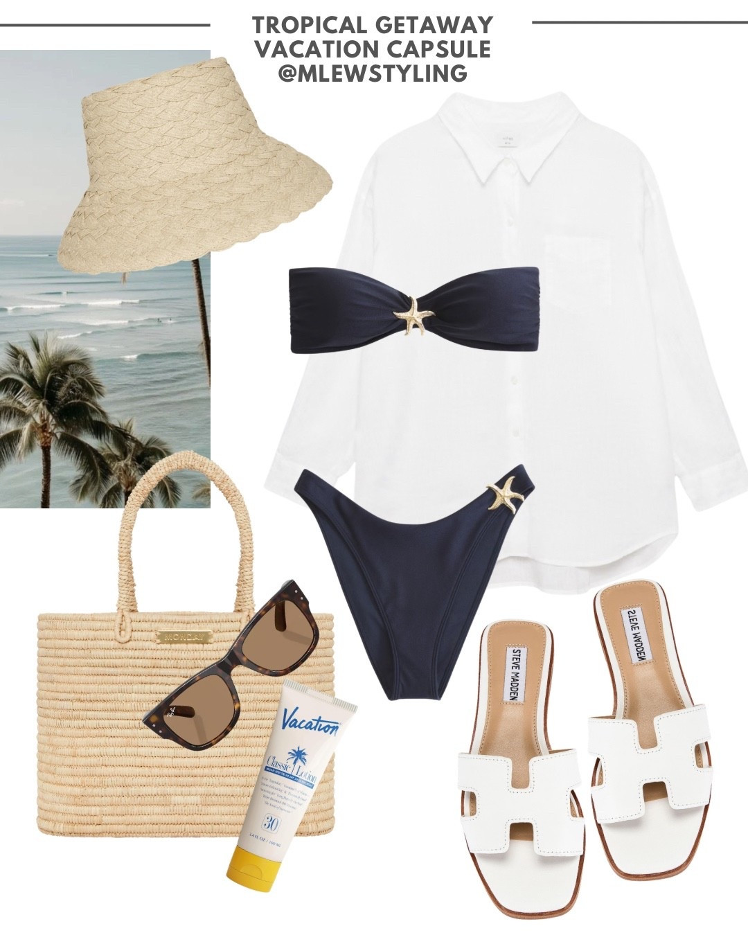 Tropical getaway beach outfit 🐚

Tags: what to wear for beach vacation, packing list, aritzia white linen shirt, navy blue starfish bikini, white slide sandals, straw tote bag, Monday swimwear sun hat, sunscreen, spring break 

#LTKootd #LTKTravel #LTKgrwm