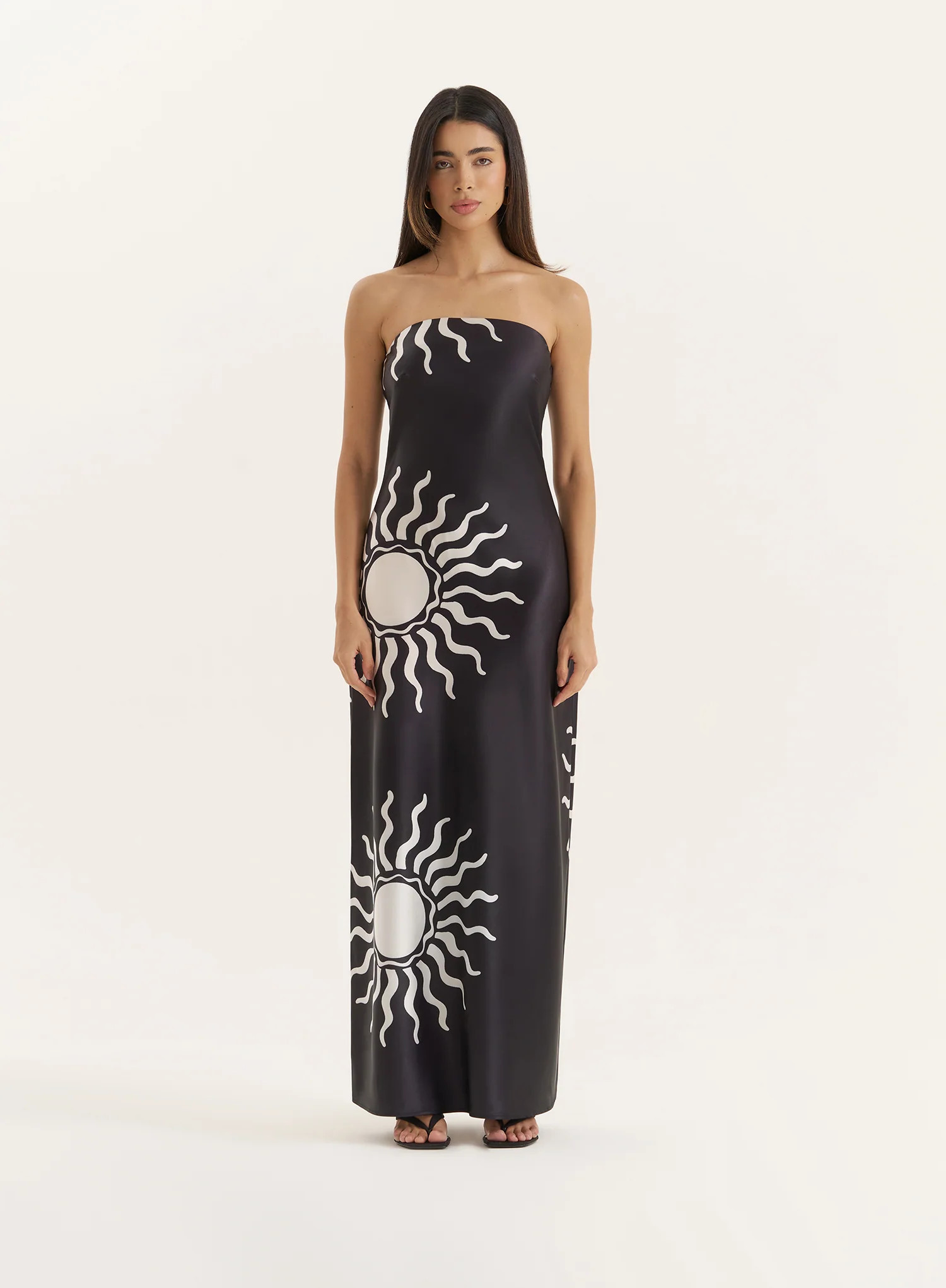 Black Sun Print Bandeau Satin Maxi Dress- Shona | 4th & Reckless