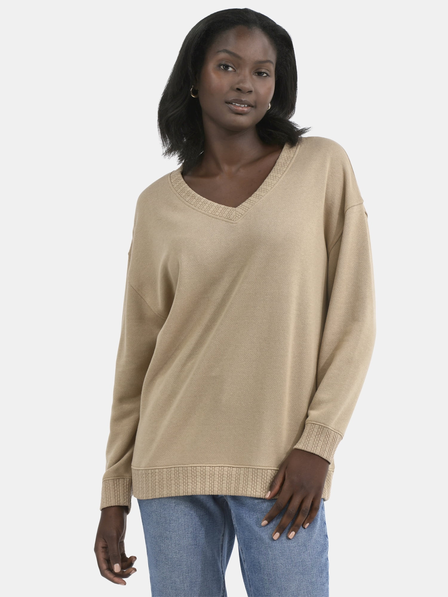Time and Tru Women's V-Neck Sweatshirt with Long Sleeves, XS-XXXL | Walmart (US)