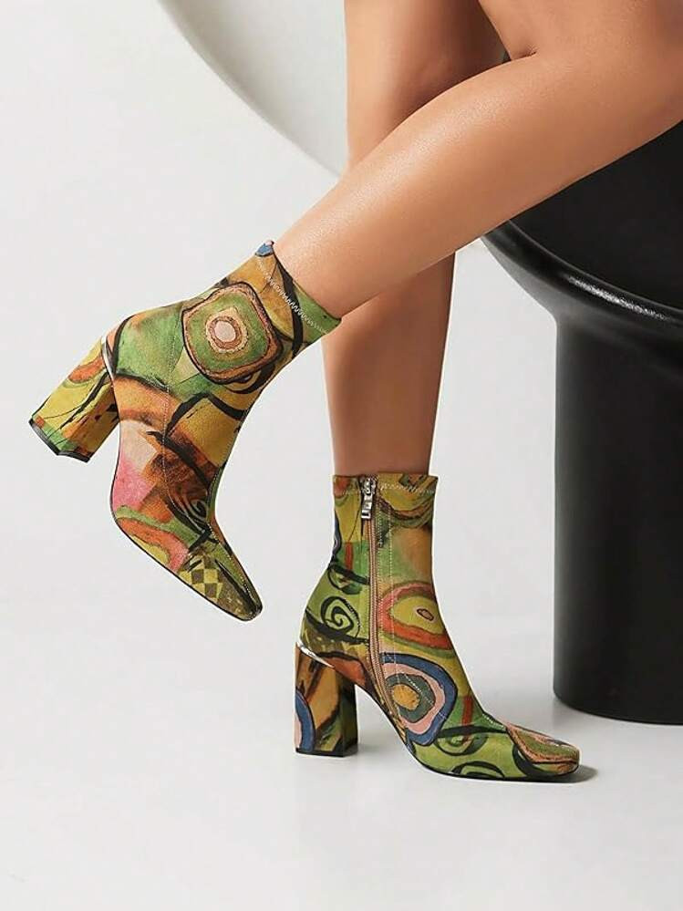 Women's Square Toe Ankle Boots Thick Heel Boots Side Zipper Patent Leather Mid-Calf Boots | SHEIN