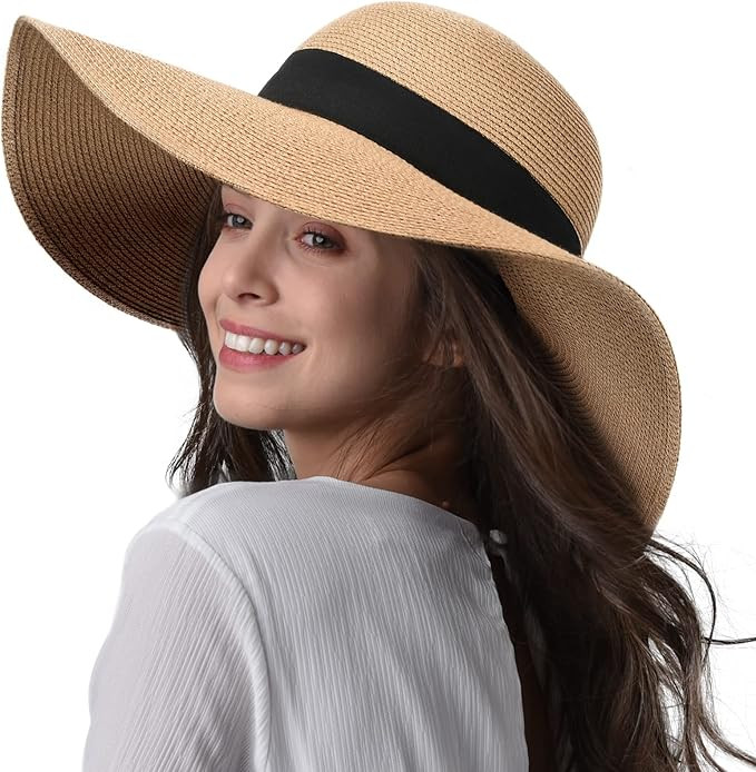 Womens Sun Straw Hat Wide Brim UPF 50 Summer Hat Foldable Roll up Floppy Beach Hats for Women | Amazon (US)