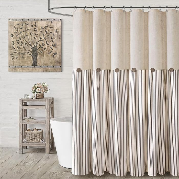 Farmhouse Shower Curtain Linen Beige Button Woven Fabric Country Rustic Western, Pleated Brown St... | Amazon (US)