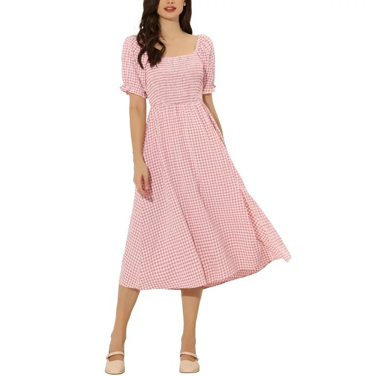 Allegra K Smocked Dress for Women's Puff Sleeve Square Neck Gingham Dresses | Walmart (US)