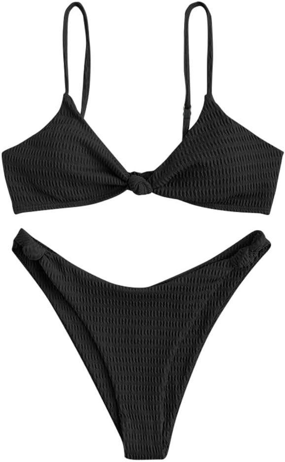 ZAFUL Women's Tie Knot Front Spaghetti Strap High Cut Bikini Set Swimsuit | Amazon (US)