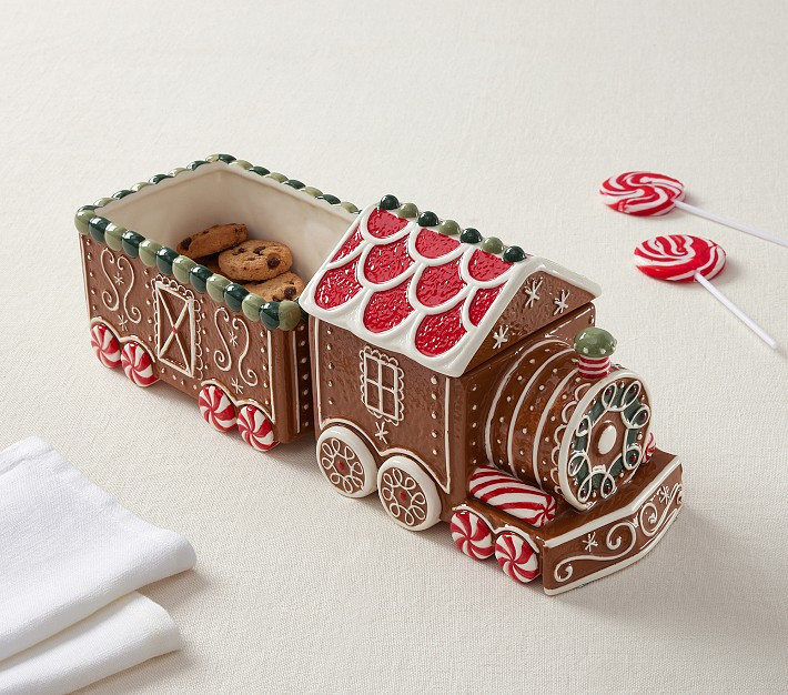 Gingerbread Ceramic Train Serving Set | Pottery Barn Kids