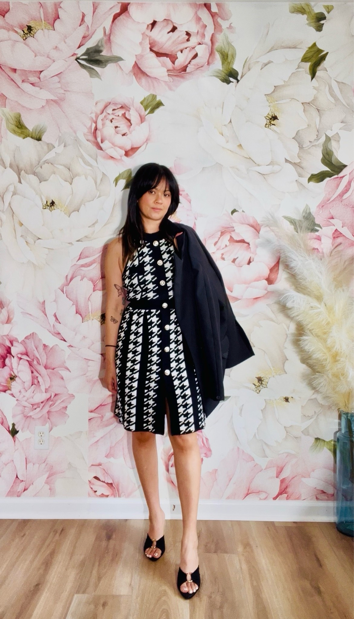 Black and white  houndstooth pleated knit dress.