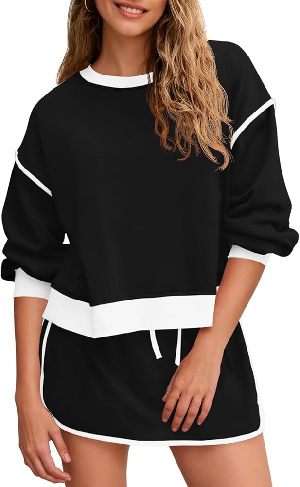 Fisoew Womens Sweatsuits 2 Piece Set Crewneck Sweatshirts High Waisted Skort Skirts Tennis Runnin... | Amazon (US)