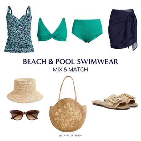Beach and Pool Mix and Match - bikini top and bottom, tankini and sarong.  With straw bucket hat, raffia tote and raffia slide sandals.

#LTKSaleAlert #LTKSwim