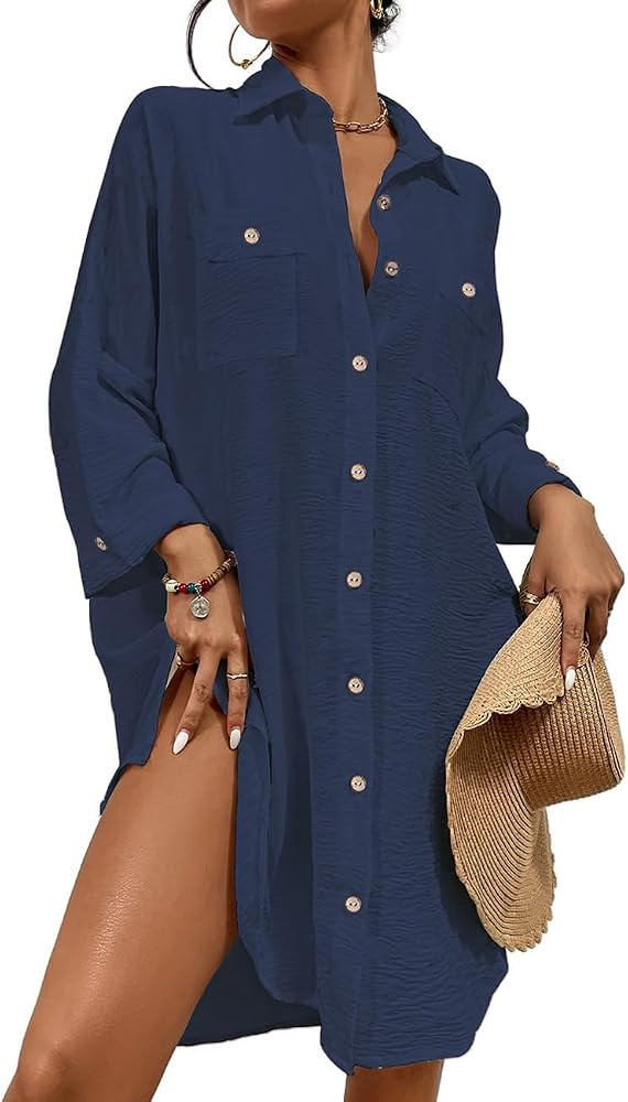 Bsubseach Womens Summer Tops Modern Swimsuit Cover Up Blouse Button Down Beach Shirt Dresses | Amazon (US)