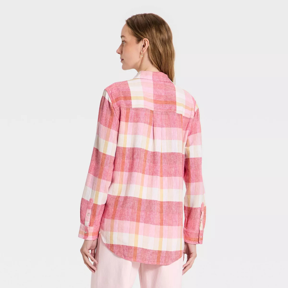 Women's Long Sleeve Linen Collared Button-Down Shirt - Universal Thread\u2122 Pink Plaid S | Target