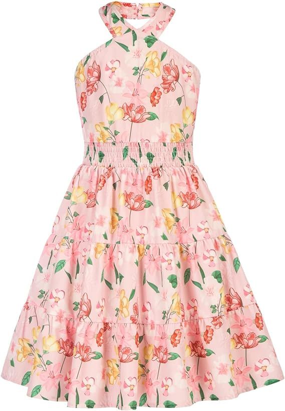 GRACE KARIN Girls Summer Dress Halter Neck Floral A-line Midi Dress 5-14Y | Amazon (US)