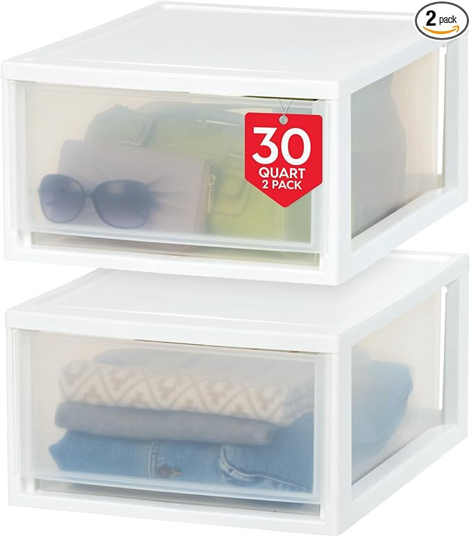 IRIS USA 30 Qt. Plastic Drawer Storage Organizer Stacking Drawers, 2-Pack, Stackable Unit with Sl... | Amazon (US)