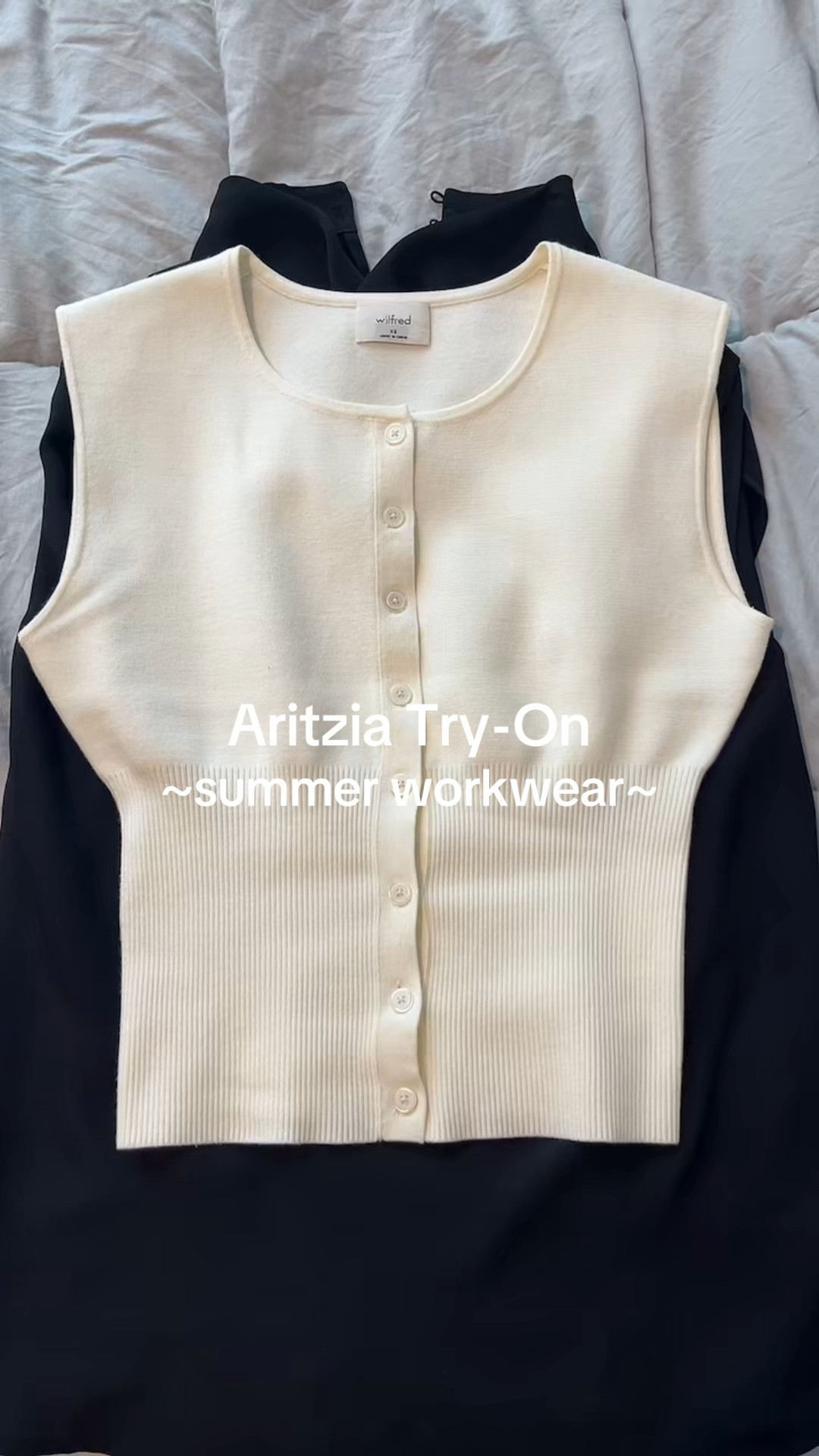 Aritzia summer workwear tops try on! The black blouse is super lightweight and perfect for warm days, both white cardigans are thick (so not see through) but breathable, and the white high neck is such a classic staple.

#LTKWorkwear