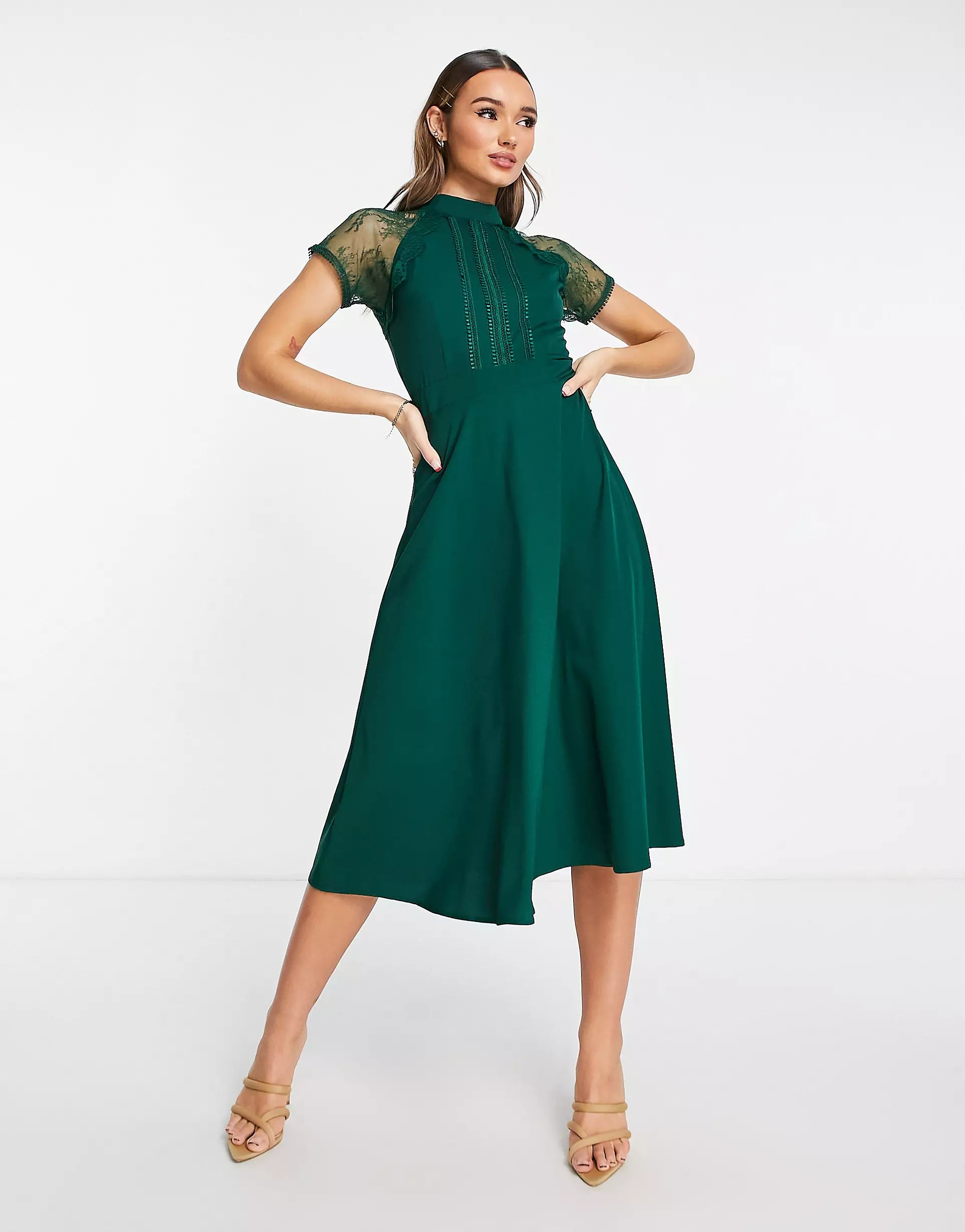 Liquorish a line lace detail midi dress in emerald | ASOS (Global)