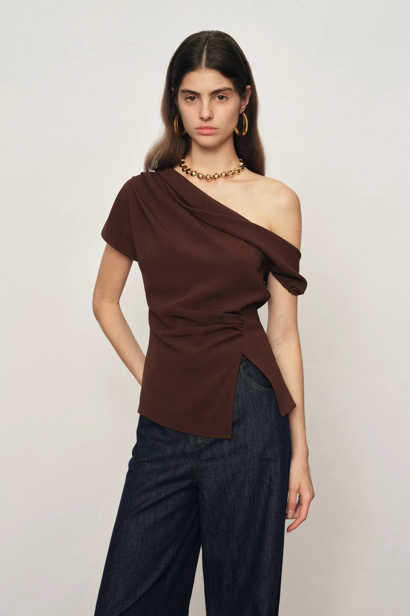 Hazel Asymmetric Ruched One Shoulder Side Slit Fitted Top in Triacetat | Fabrique