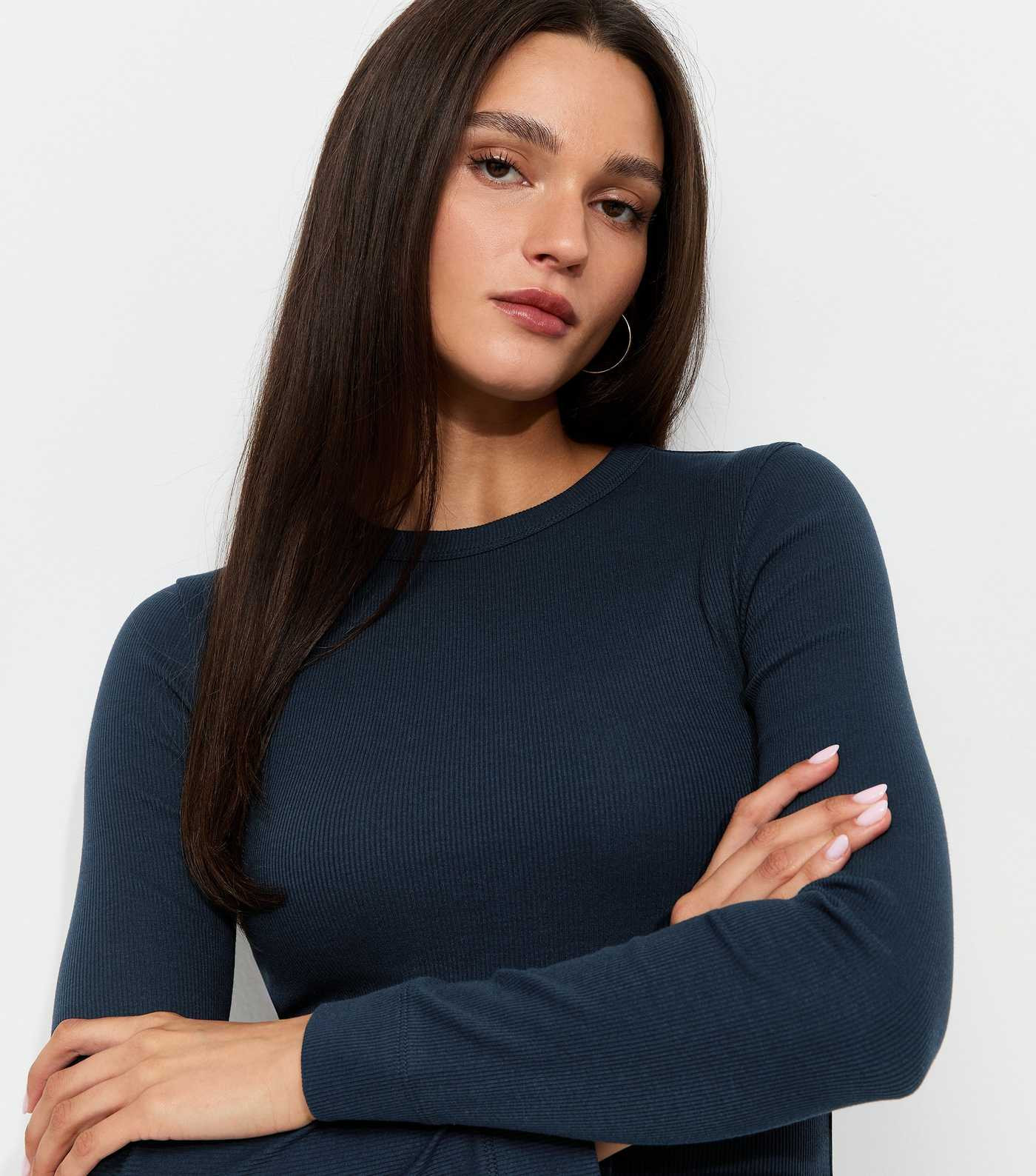 Navy Cotton Rich Ribbed Crew Neck Long Sleeve Top | New Look | New Look (UK)