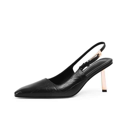 iiimmu Black Stiletto Heels 3.5 in Low Heel Pumps Closed Pointed Toe Slingback Heels for Women, Faux Leather, Size 8.5 | Amazon (US)