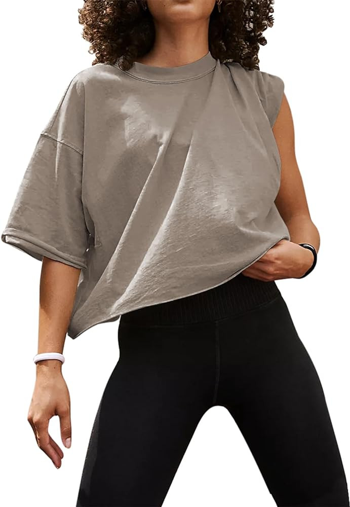 UEU Women's Comfy Basic Workout Gym Short Sleeve Crop Tops Casual Loose Oversized T-Shirts | Amazon (US)