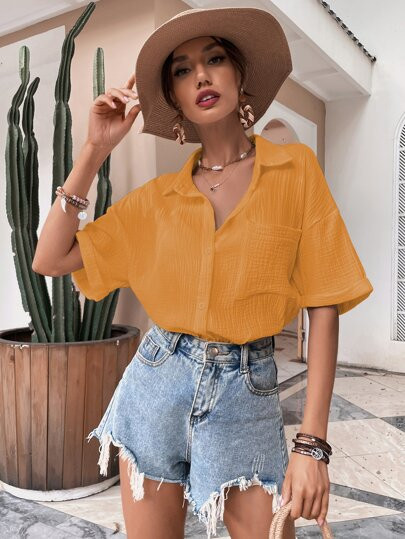 Roll Up Sleeve Pocket Front Textured Knit Shirt | SHEIN