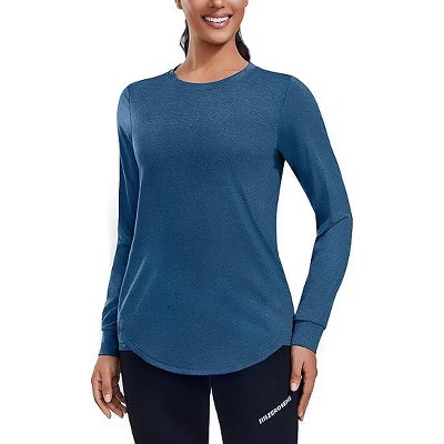 Pinspark Long Sleeve Workout Tops for Women Athletic Hiking Shirt Crew Neck Yoga Top Lightweight Rash Guard-Deep Blue-L | Target