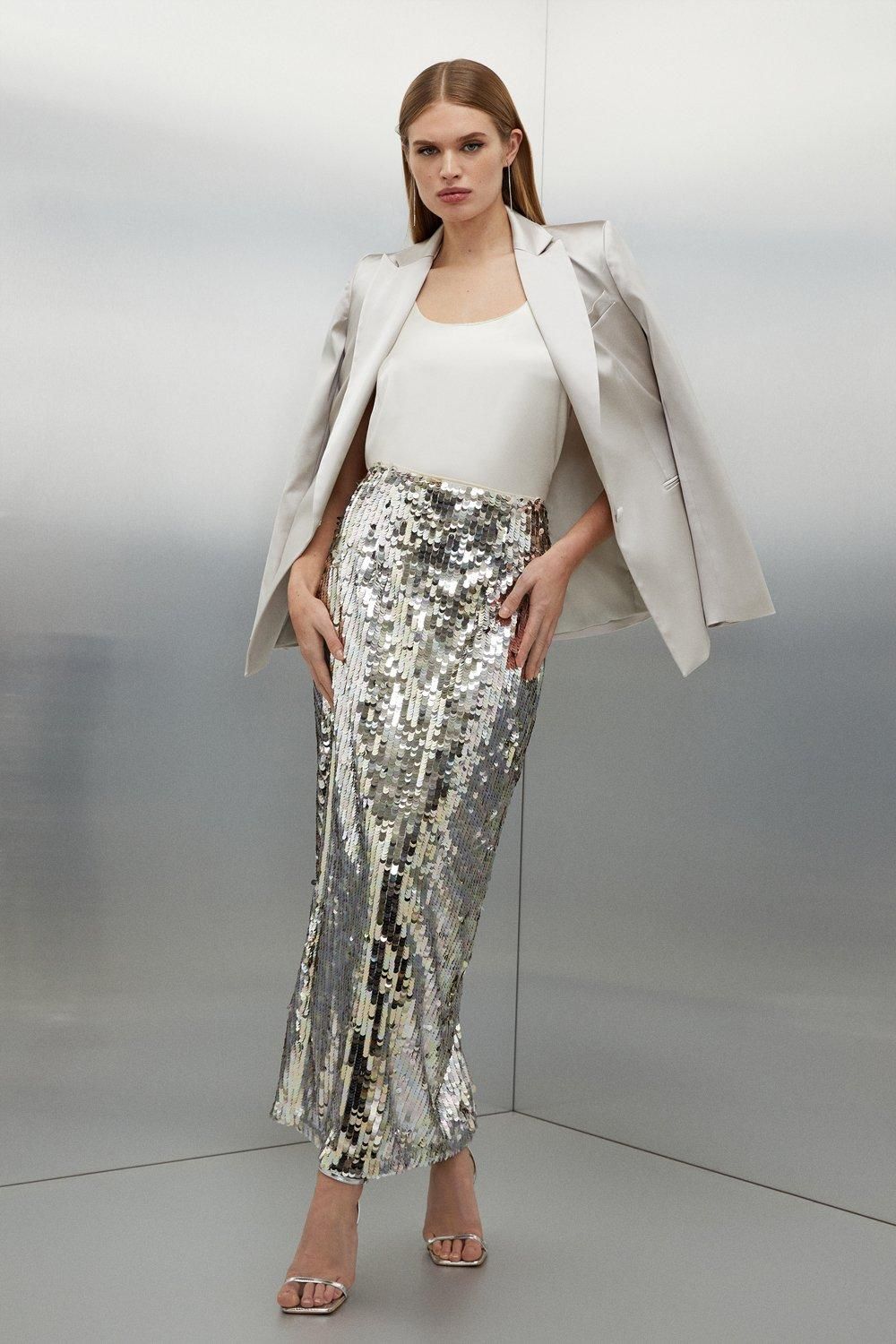 Silver Sequin Midaxi Woven Skirt | Karen Millen US
