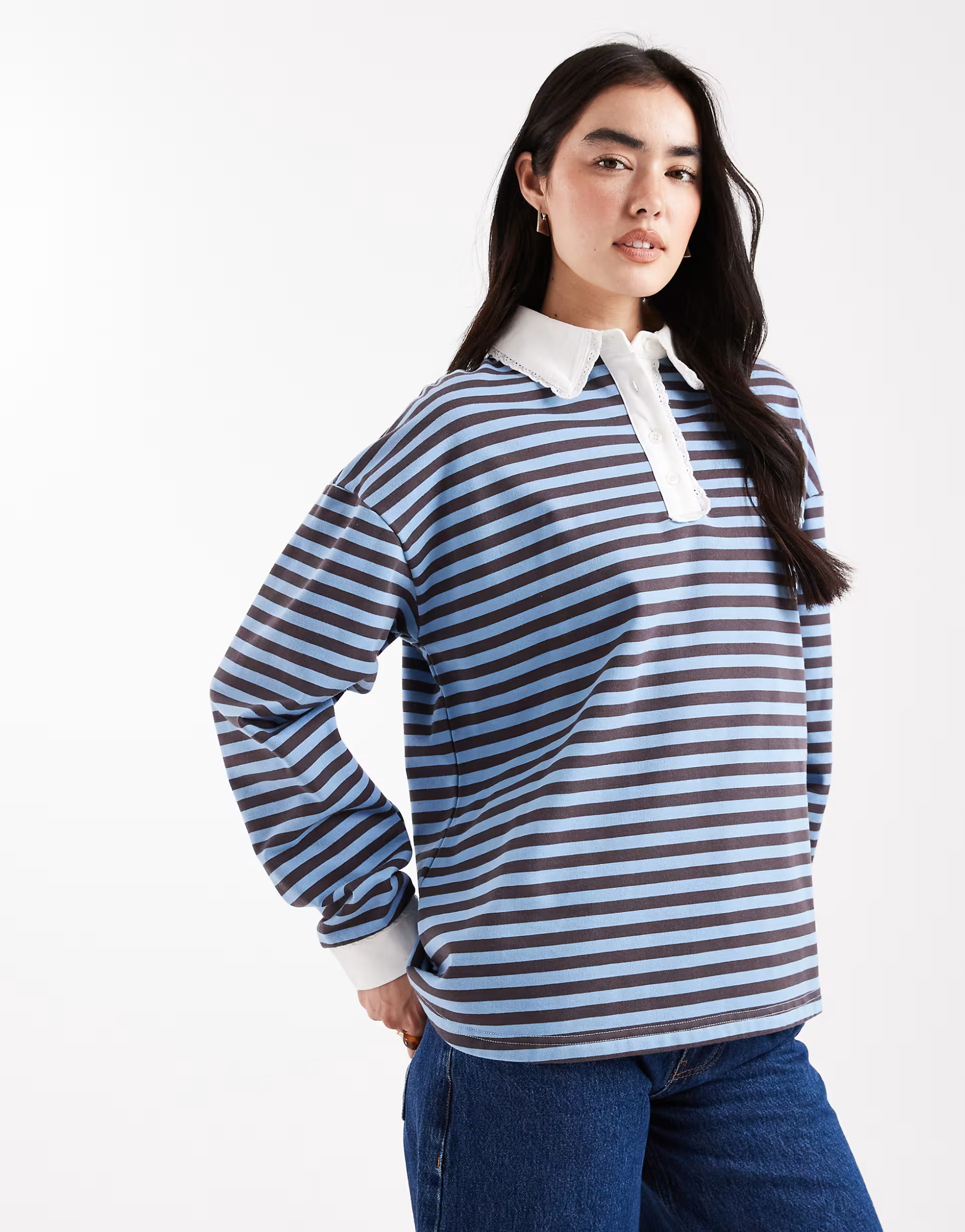 Daisy Street oversized rugby polo in blue chocolate stripe | ASOS (Global)