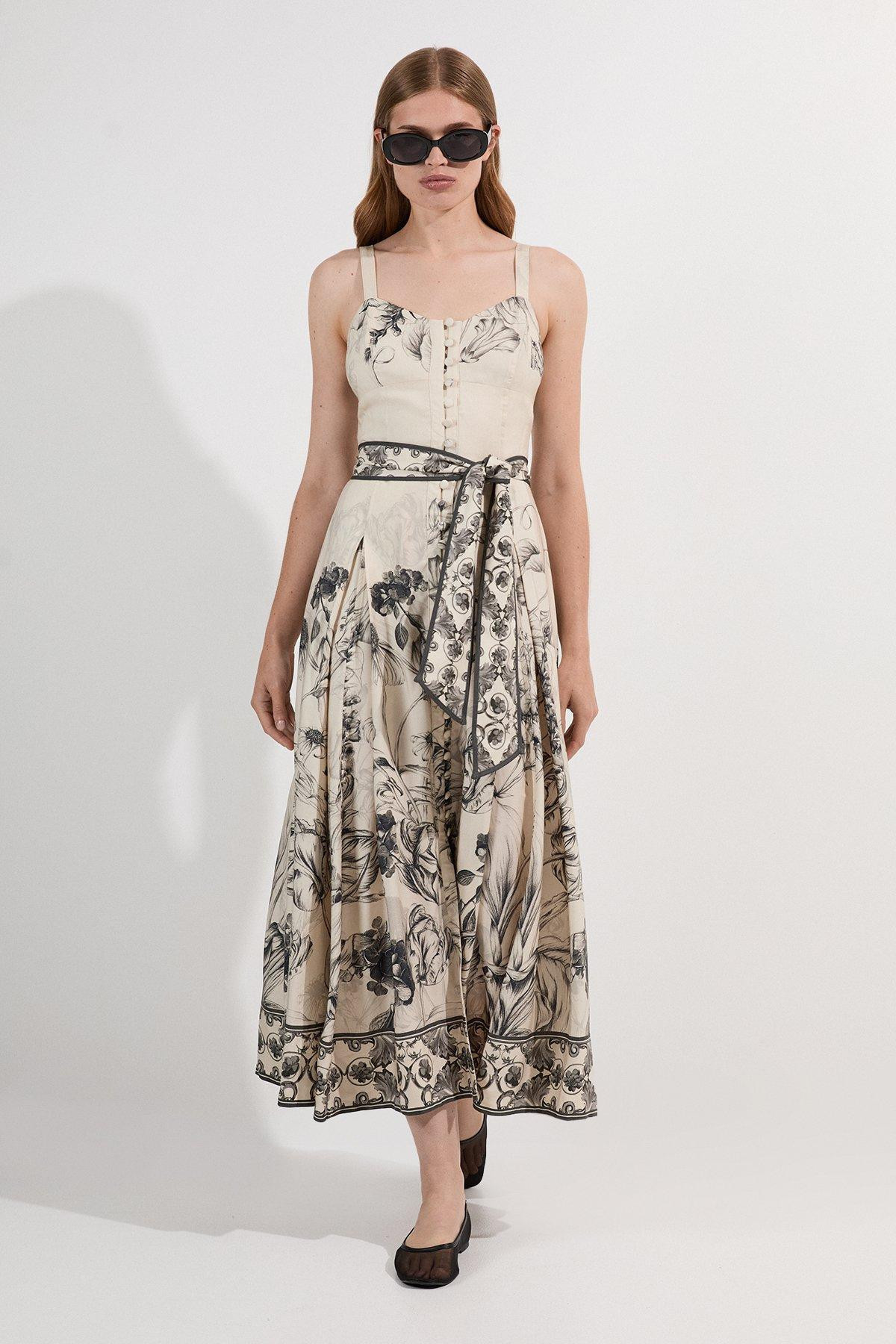 Viscose Linen Scenic Placed Print Strappy Woven Midi Dress | Karen Millen UK + IE + DE + NL