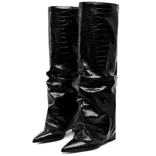 Synchoiss Black Boots for Women Wide Calf Pointed Toe Knee High Boots Fashion Chunky Heel Fold Over Leather Boots Rubber Sole Winter Fall Boots Tall Boots for Women Pull on Trendy Size 6 | Amazon (US)