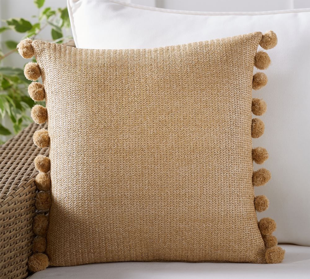 Faux Natural Fiber Pom Pom Indoor/Outdoor Pillow, 18&amp;quot;, Natural | Pottery Barn (US)