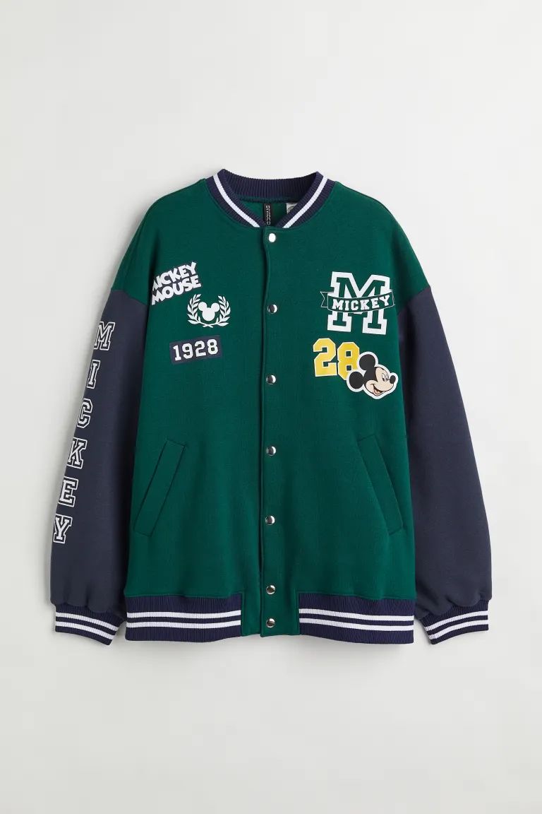 New ArrivalRelaxed-fit baseball jacket in sweatshirt fabric with a printed motif. Low stand-up co... | H&M (US)