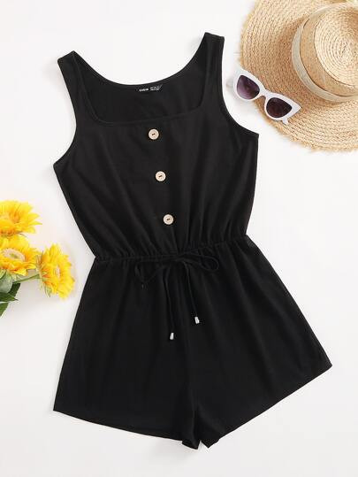 SHEIN Drawstring Waist Button Front Tank Romper | SHEIN
