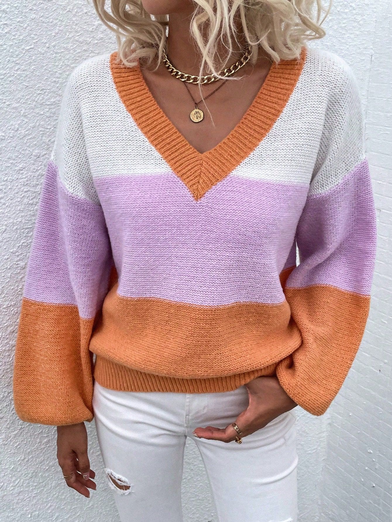 SHEIN LUNE Color Block Drop Shoulder Sweater | SHEIN