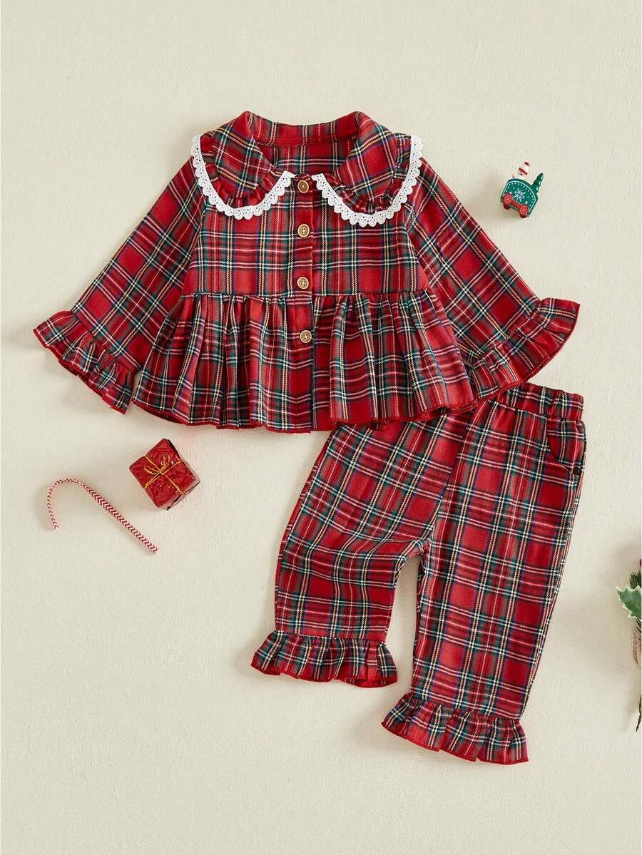 Little Toddler Girl Christmas Fall Outfits Plaid Long Sleeve Doll Collar Button-Up Ruffled Tops And Flared Pants 2 Piece Set | SHEIN