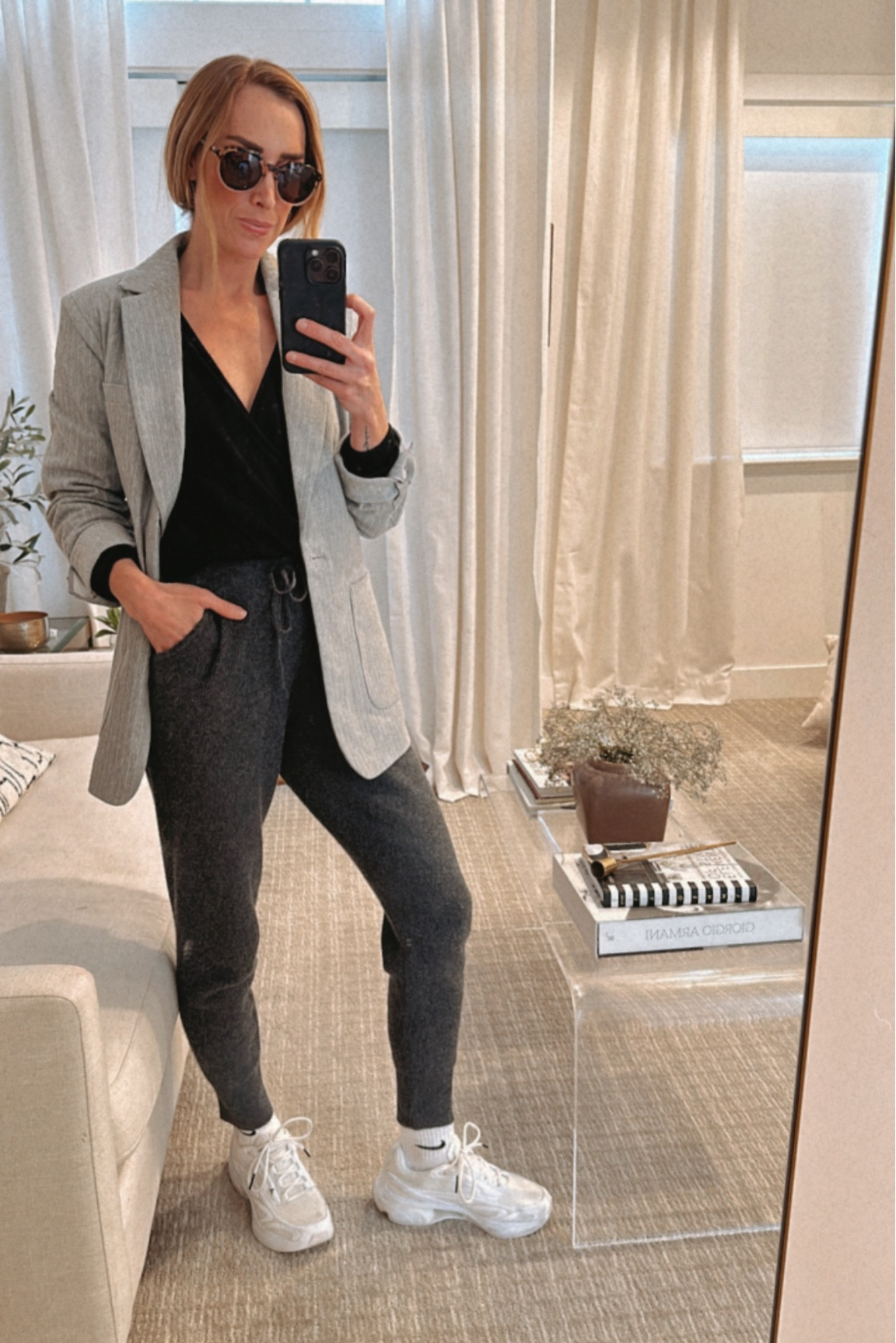 business casual with blazer, joggers and adidas