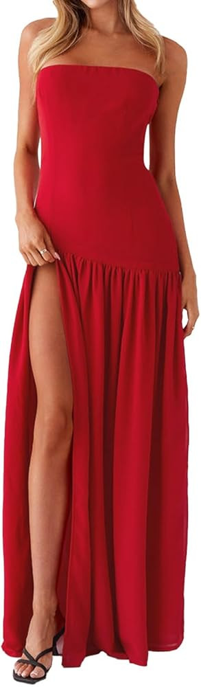 Women Tube Top Dress Tiger Stripe Mesh Patchwork Maxi Dress Strapless Sexy High Slit Long Dresses... | Amazon (US)