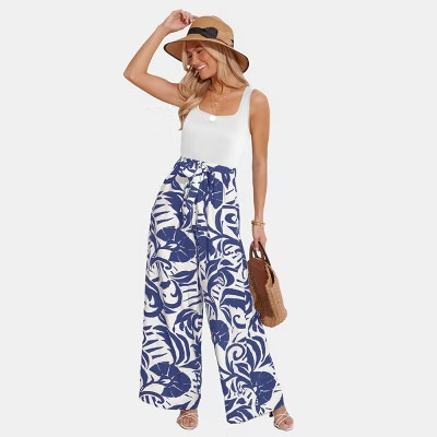 Cupshe Women's Breezy Blue Tropical Print Wide Leg Jumpsuit-XL-Blue | Target