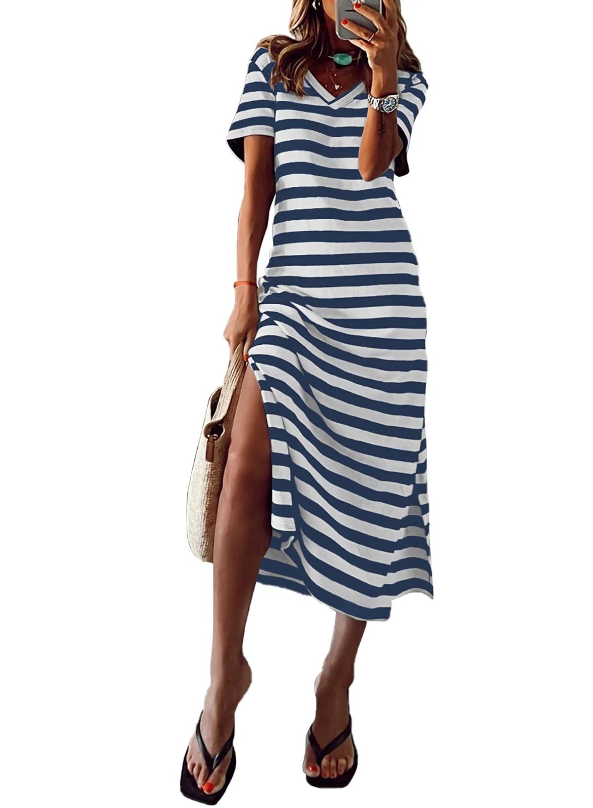Dokotoo Midi Dresses for Women Casual Loose V Neck Midi Dress Straight Striped Print Beach Dress ... | Walmart (US)