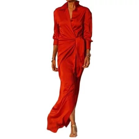 Colisha Loose Holiday Maxi Dresses for Women Casual Slit Long Dress Kaftan Long Sleeve Dress Red 2XL | Walmart (US)
