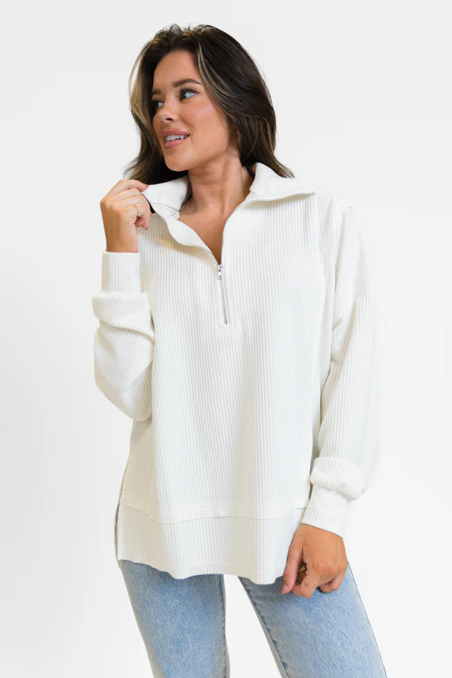 Fireside Festivities Cream Ribbed Quarter Zip Pullover | Pink Lily