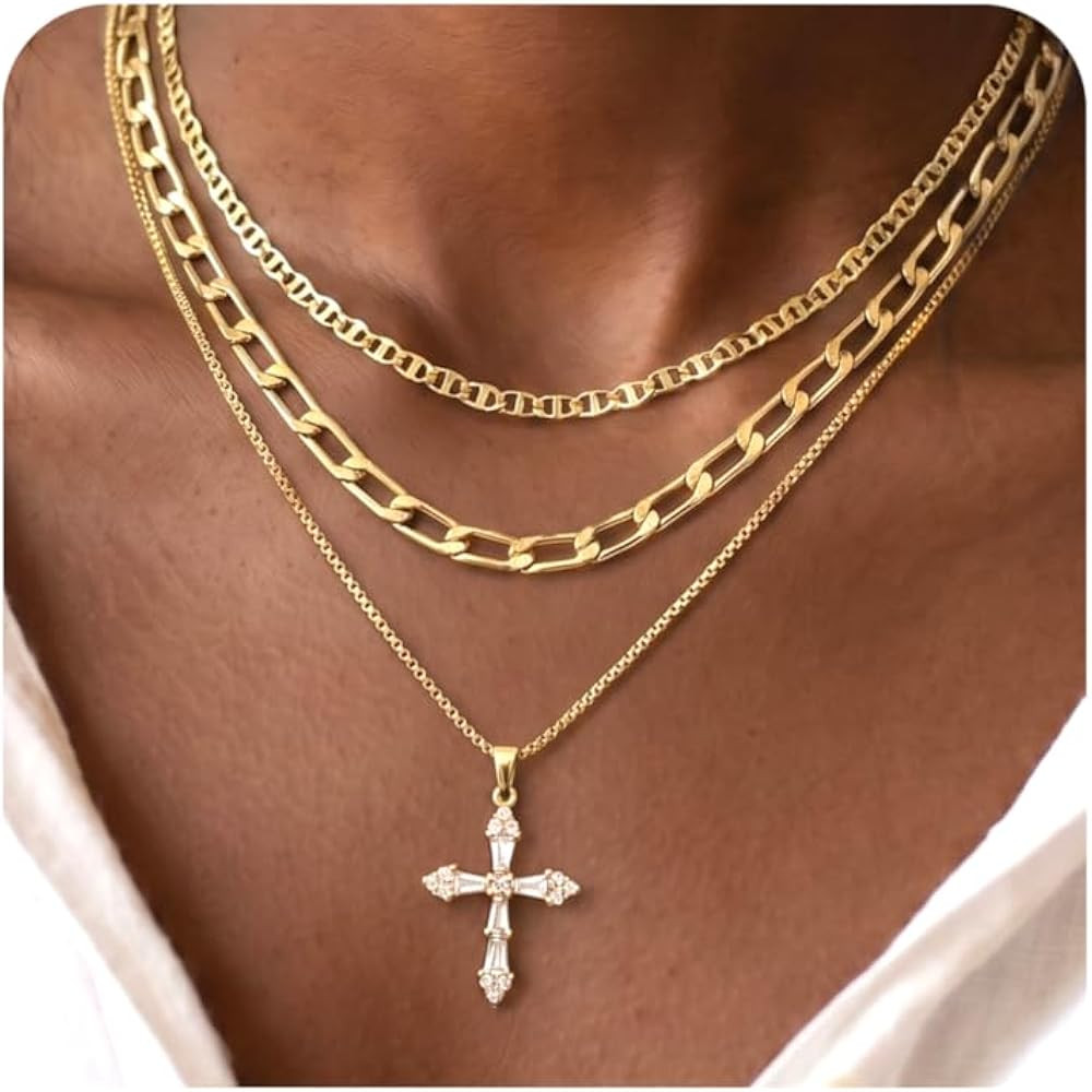 Cross Necklace for Women Girls, 14K Gold Plated Dainty Pendant Necklaces Set, Cute Trendy Faith C... | Amazon (US)