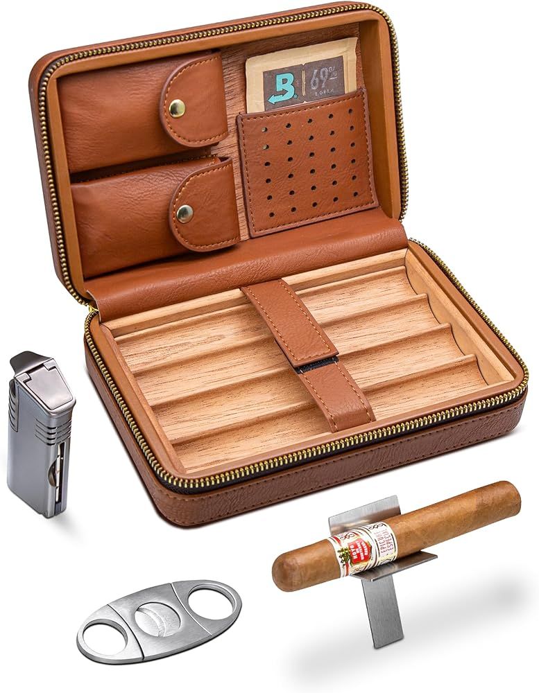 Flauno Cigar Travel Humidor Case, Leather Cigar Case with Cedar Wood Lined, Portable Travel Humid... | Amazon (US)