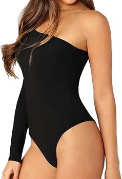 Allchic Womens Sexy One Shoulder Long Sleeve Bodysuit Tops Scoop Neck Jumpsuits | Amazon (US)