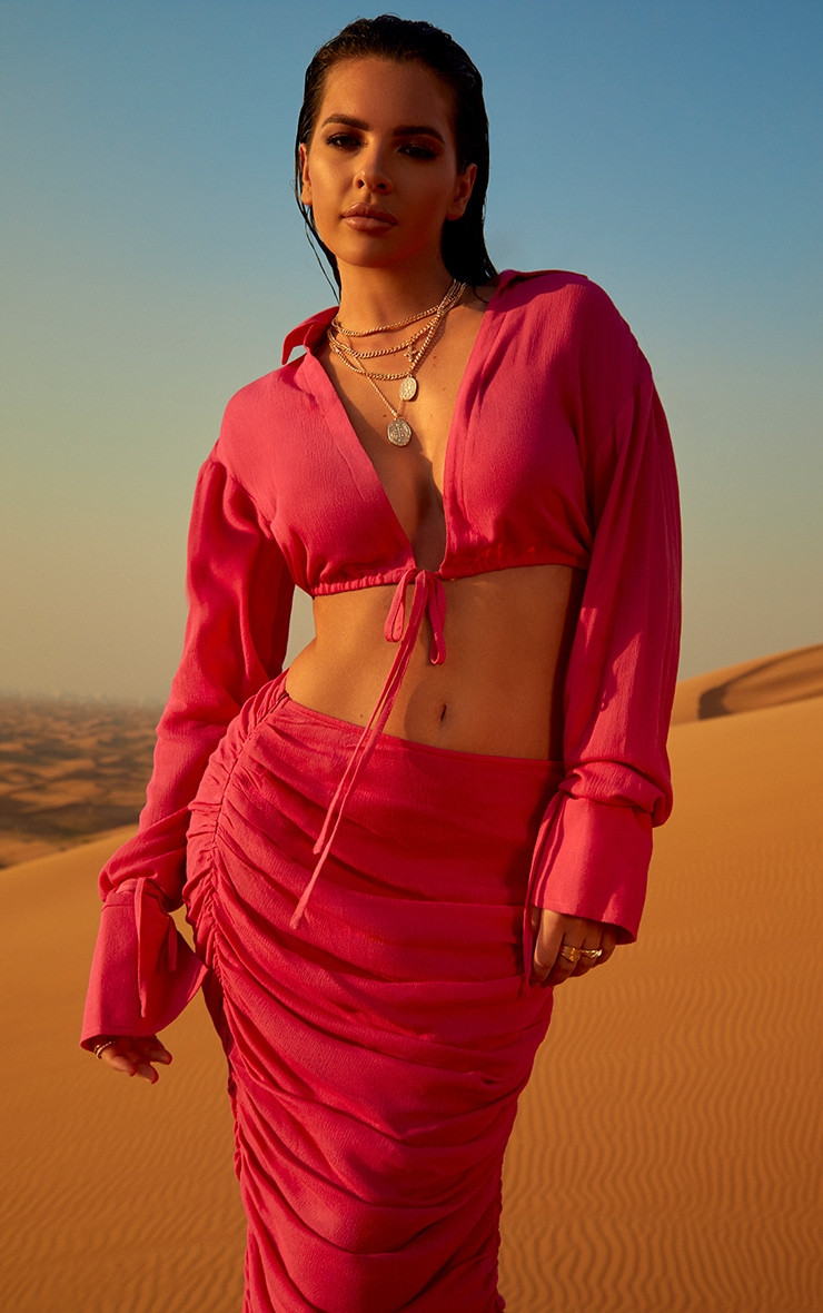 Hot Pink Tie Front Cropped Shirt | PrettyLittleThing US