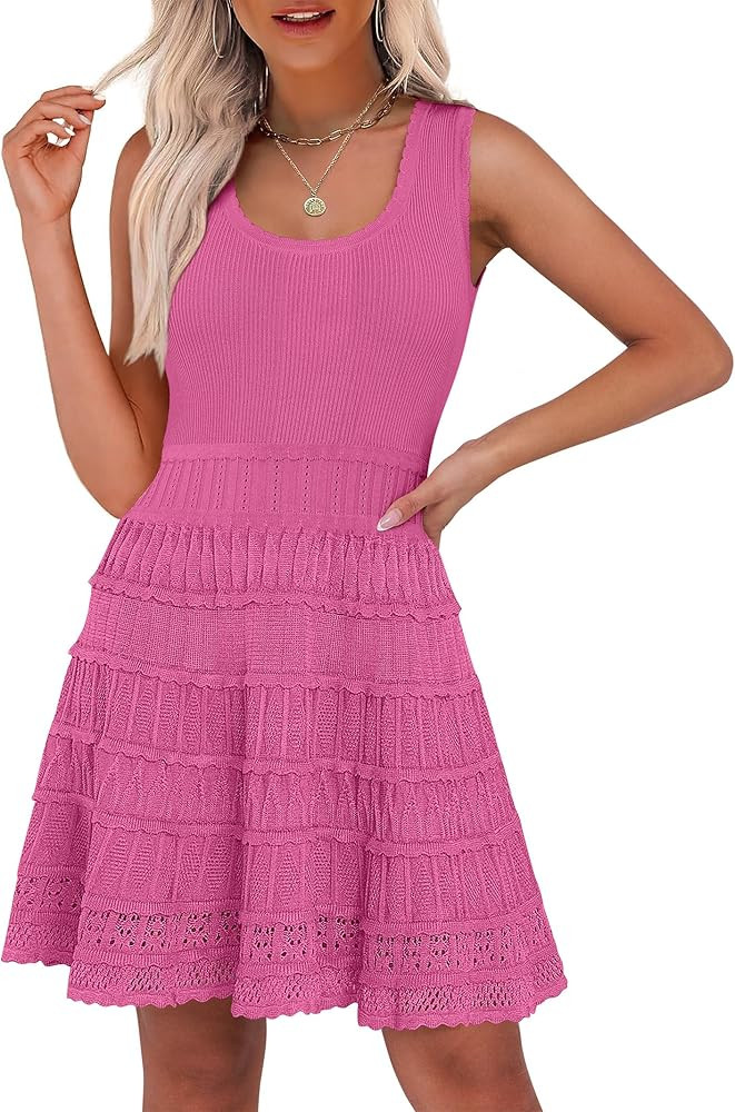 ANRABESS Womens Summer Mini Dress Sleeveless Scoop Neck Knit Tank Dresses Trendy Casual Crochet A... | Amazon (US)